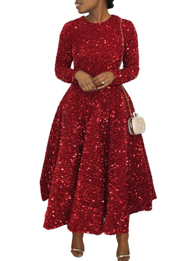 Sequins Women Dress Long Sleeve Female Party Dresses red big