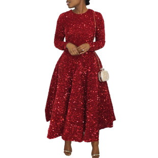 Long Sleeve red Women big Dresses Dress Party Sequins Female