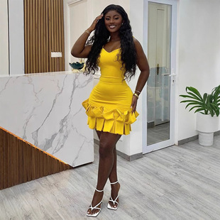 大码连衣裙欧美弹力收腰褶皱花边露背包臀连衣裙 plus size dress