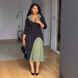 dress 欧美大码 长裙优雅通勤翻领收腰弹力褶皱拼接撞色连衣裙