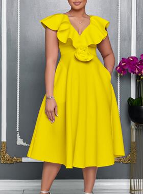 plus size dress women lace fat lady dress yellow 大码连衣裙
