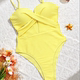 新款 bikinis piece 比基尼bikini黄色竖条镂空绑带连体泳衣女 one