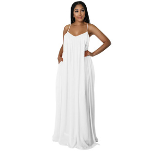 跨境欧美亚马逊雪纺纯色休闲露背吊带连衣裙 sexy dress maix new