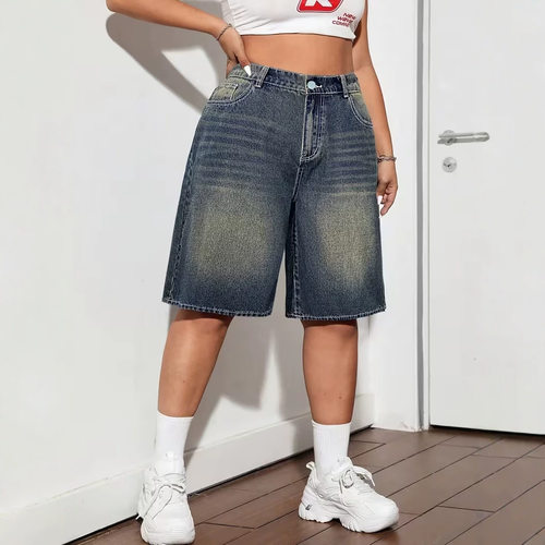 欧美跨境牛仔中裤女五分裤休闲阔腿裤大码 plus size jeans women