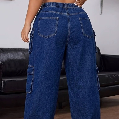 欧美新款复古工装牛仔裤女高腰宽松阔腿裤多口袋 plus size jeans