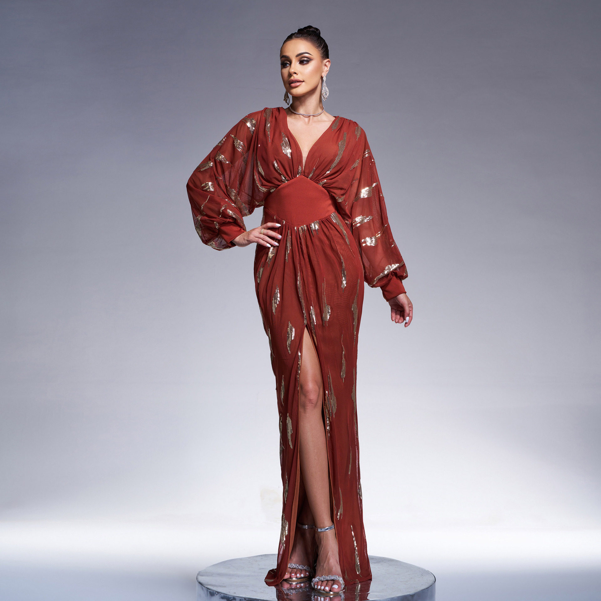 礼服裙欧美高端长袖生日性感长款亮片宴会晚礼服伴娘服婚礼连衣裙