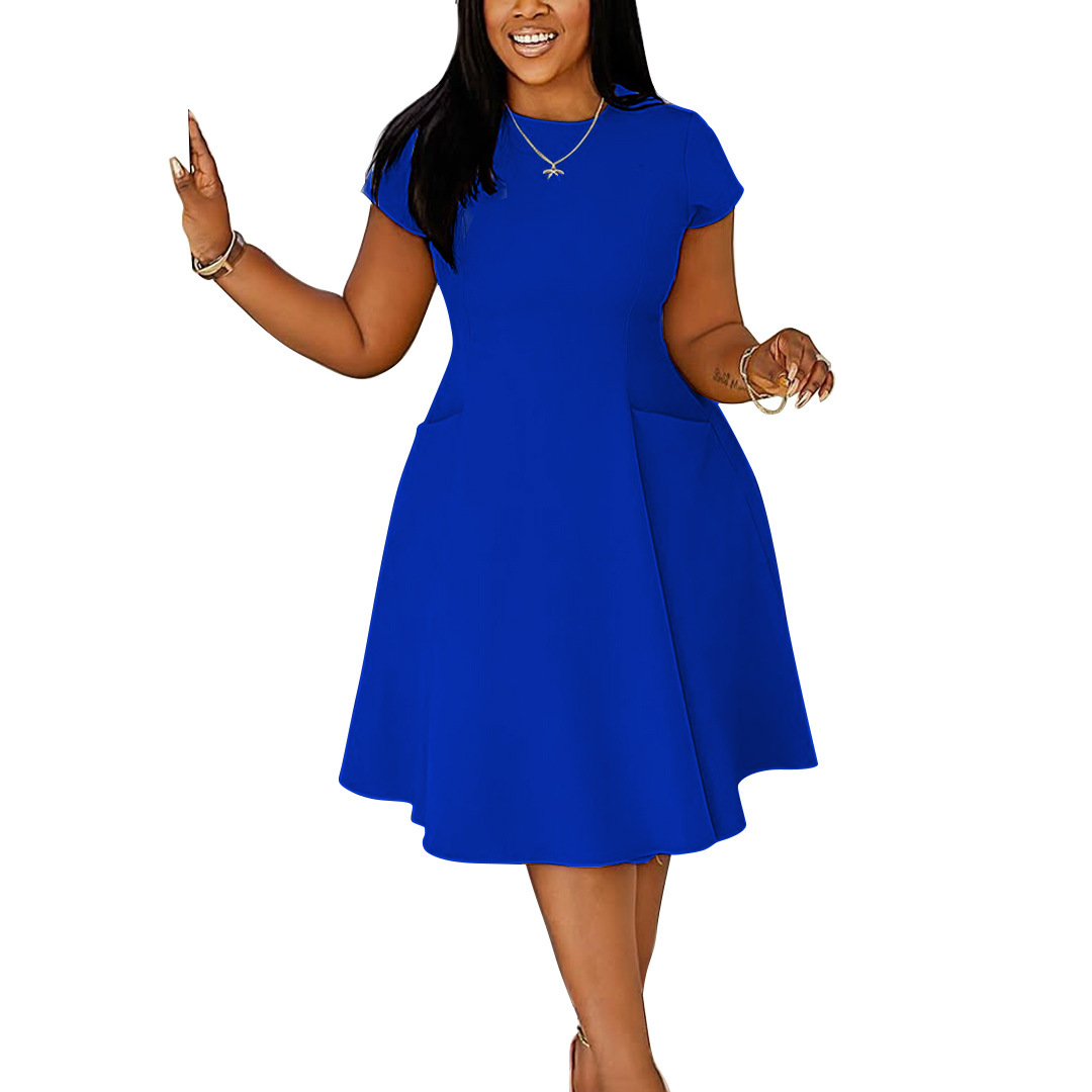 大码裙跨境亚马逊欧美女装春夏新款 休闲圆领口袋修身A字裙中长裙