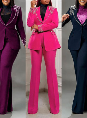 plus size women suits lady sets 欧美珍珠长袖修身西装两件套女