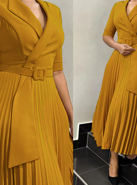 plus size dress women OL lady 西装领压褶收腰大码非洲连衣裙子