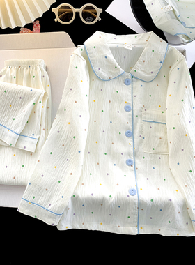 娃娃领女童云朵棉波点睡衣春秋KT长袖开衫卡通家居服套装可爱公主