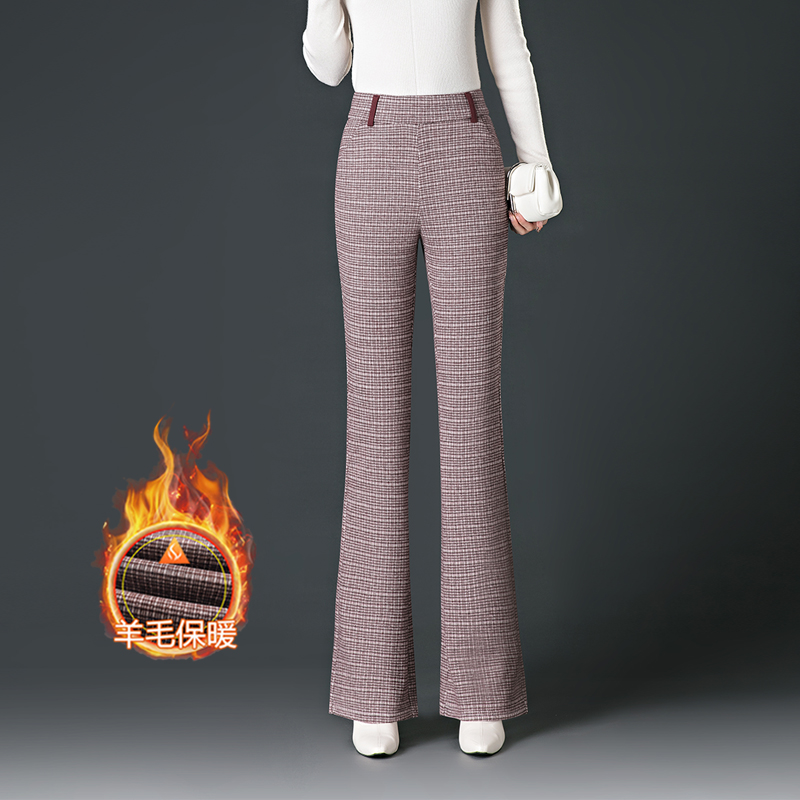 冬季新款格子羊毛呢微喇休闲裤女