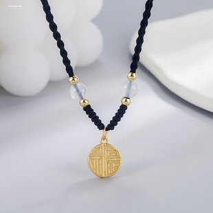 镀金项链女仿金福牌吊坠黄金色圆牌福字锁骨链送女友