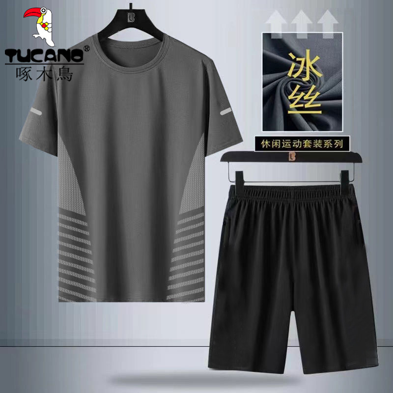 啄木鸟休闲运动套装男夏季冰丝速干短袖t恤宽松短裤中年爸爸装