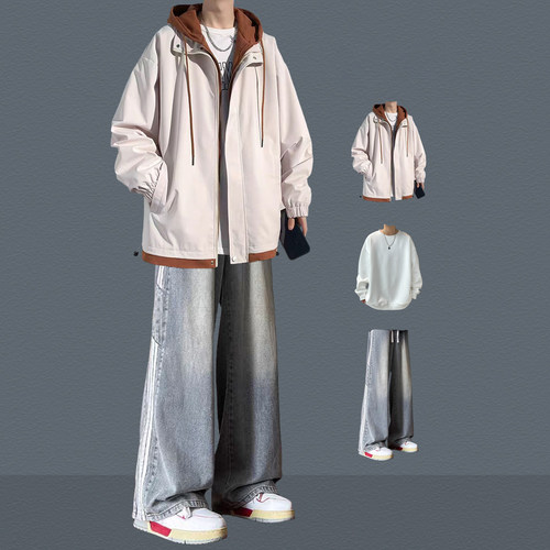 假两件外套男秋冬休闲宽松连帽夹克青少年一套搭配潮牌情侣冲锋衣