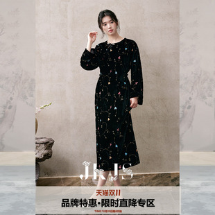 JKJS【潘泪滢】锦绒绣花 秋冬连衣裙旗袍开叉新中式丝绒黑色长裙