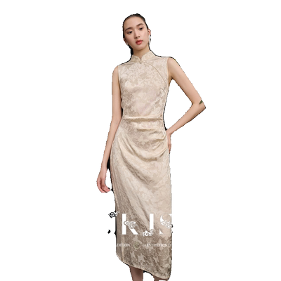 【不知春】JKJS人丝肌理提花 改良旗袍斜襟新中式无袖长款连衣裙