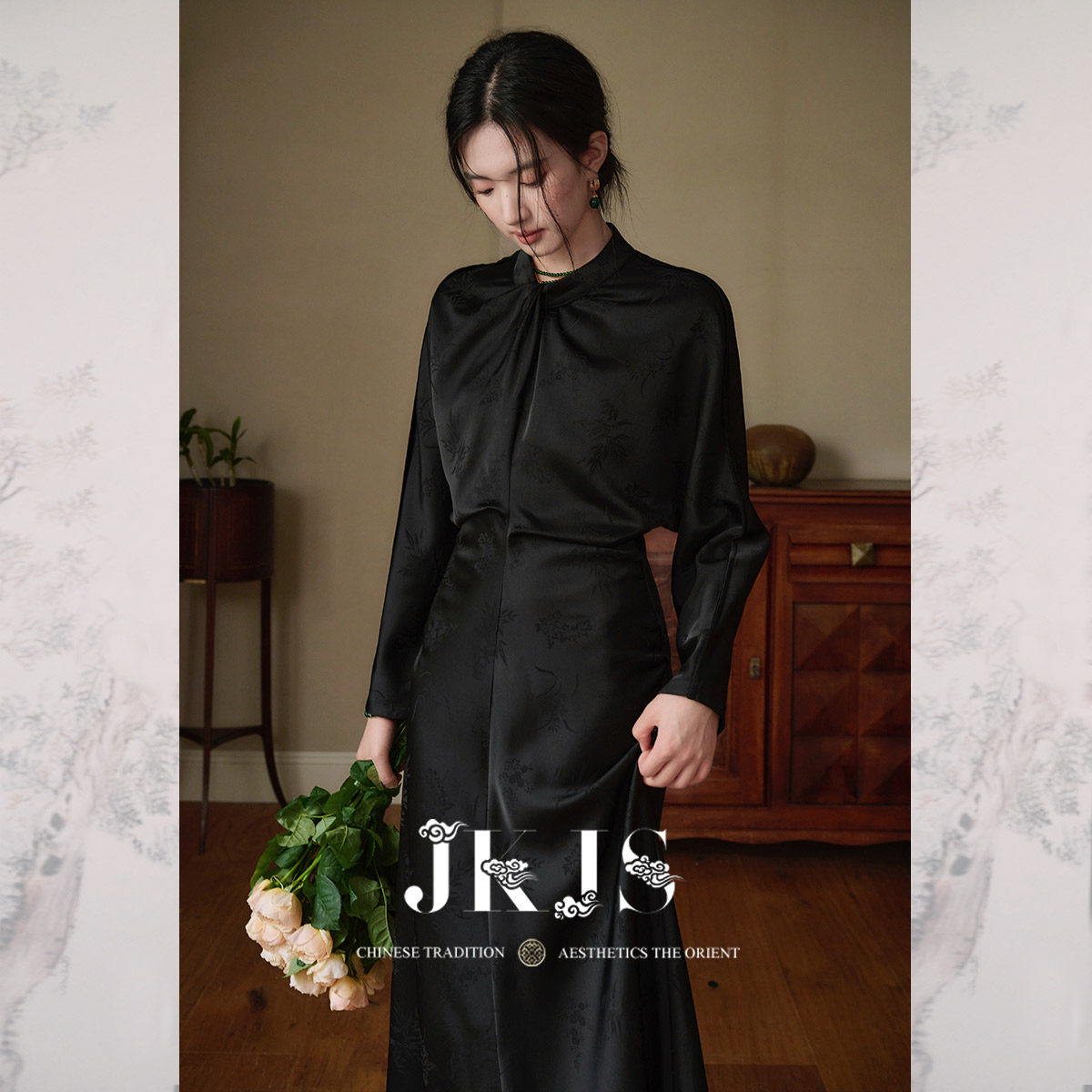 JKJS【曲中人】缎感暗纹提花 新中式连衣裙春秋长袖长款国风裙子