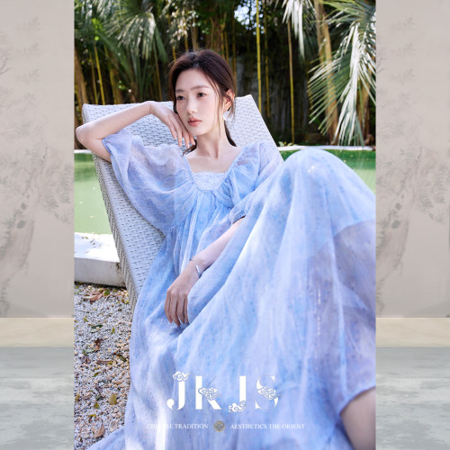JKJS雪纺皱海边度假连衣裙