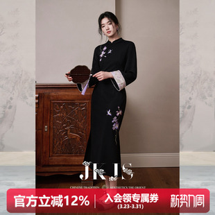 新中式 刺绣连衣裙加厚秋冬新款 改良旗袍裙黑色长裙 墨韵 JKJS