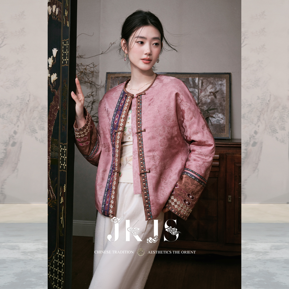 JKJS人丝金丝提花对襟棉衣复古