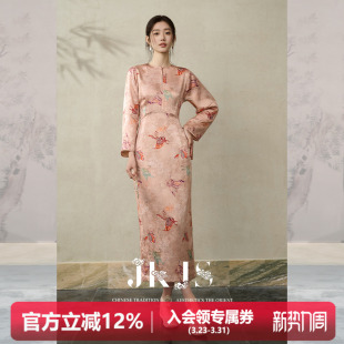 女新款 JKJS 连衣裙气质优雅直筒裙春季 人丝提花新中式 长裙 蝶栖