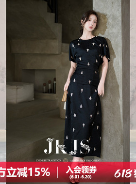 JKJS【福禄裙】人丝香云纱工艺 葫芦绣 龟裂纹连衣裙黑色显瘦长裙