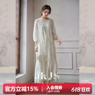 JKJS【竹影】斜襟盘扣天丝亚麻印花新中式长裙灯笼袖荷叶边连衣裙