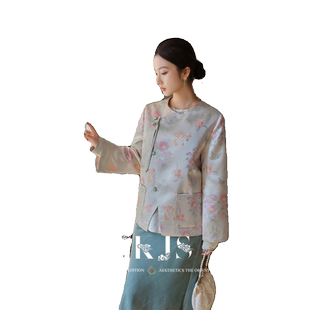 JKJS【野山茶】新中式提花外套女织锦缎轻奢国风斜襟盘扣上衣