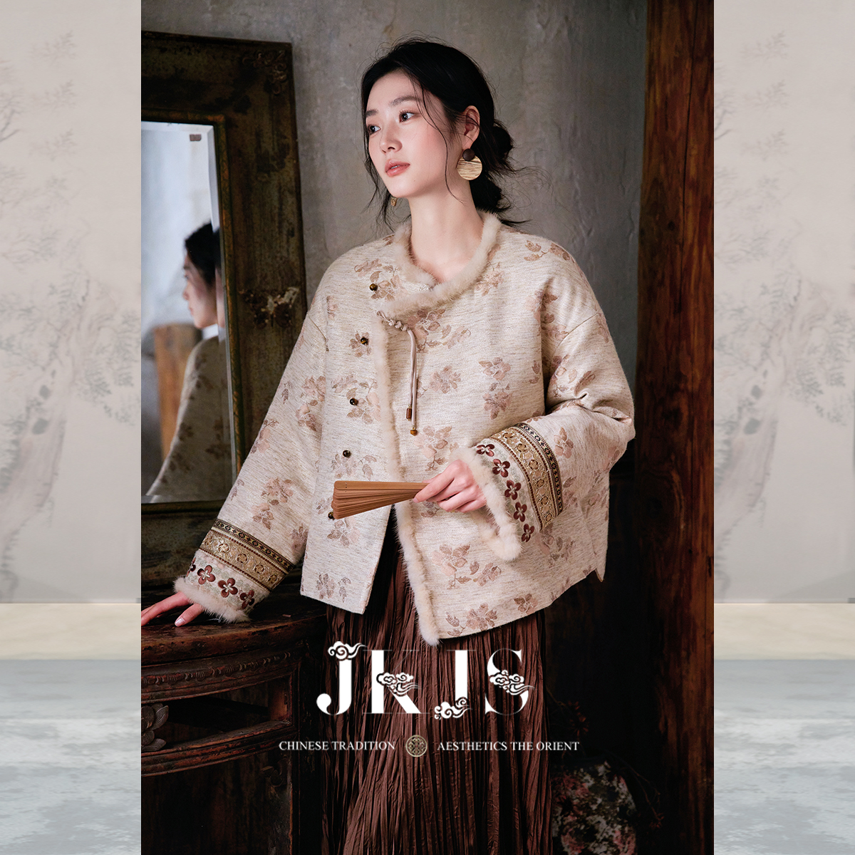 JKJS羊毛混纺提花新中式棉衣