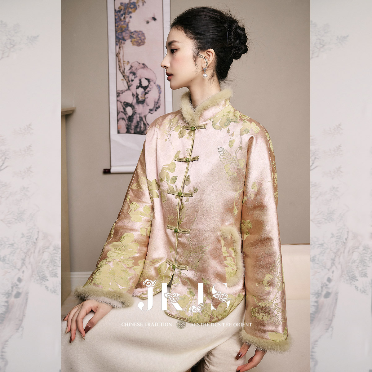 JKJS【宁思柔】人丝提花 水貂毛拼接棉衣秋冬新中式复古棉服