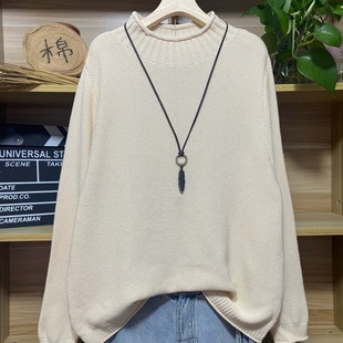 春季新款纯棉长袖半高领抗起球纯色大码毛衣宽松时尚套头针织衫女
