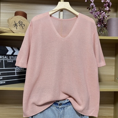 夏季短袖纯色v领t恤大码针织衫女