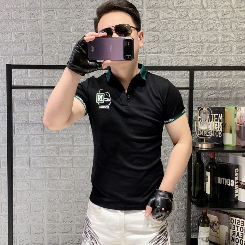 新款短袖男T恤修身翻领刺绣POLO