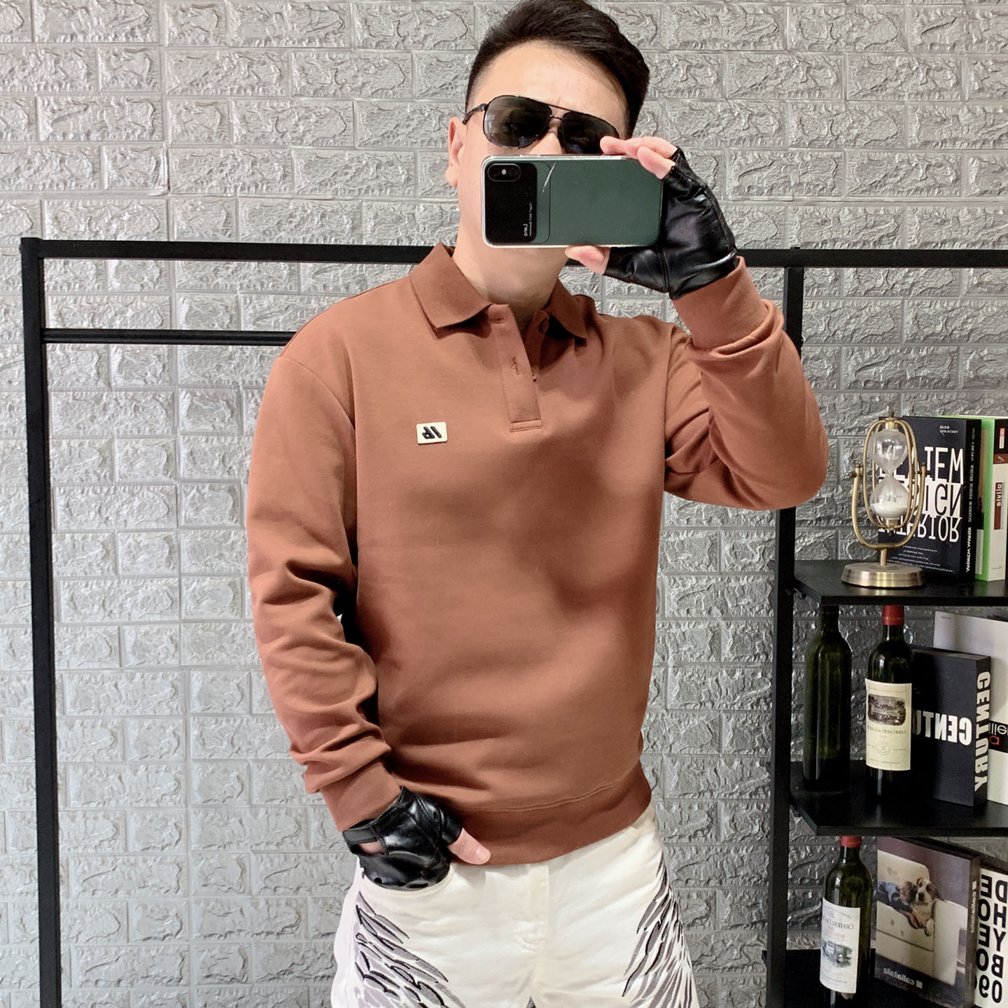 2025新款欧洲站卫衣男修身翻领刺绣长袖T恤打底衫时尚高端潮男装t