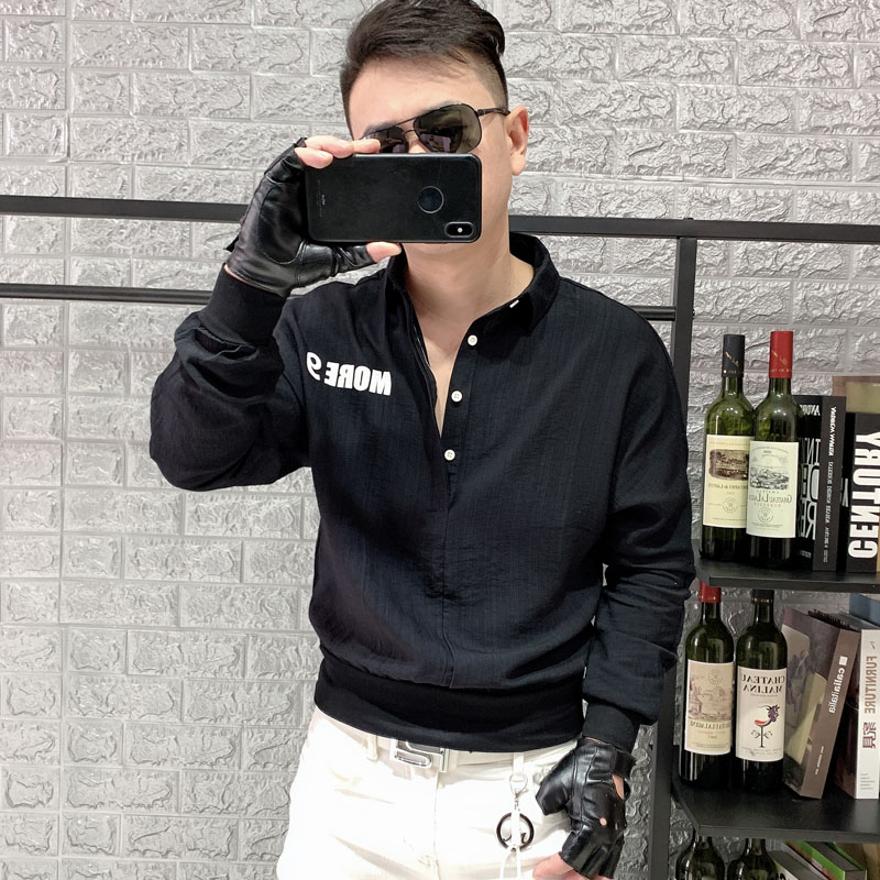 套头修身翻领束腰青年印花衬衣