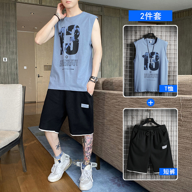 纯棉无袖运动套装男夏季薄款坎肩篮球服跑步休闲背心短裤男生球衣