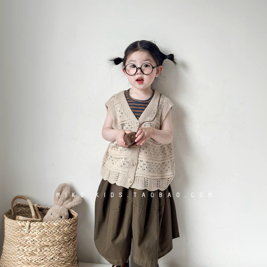 韩版女童条纹针织背心套装2024夏季新品宝宝时髦马甲半裙三件套