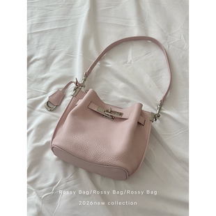 ROSSY BAG 粉色小水桶 韩系千金感气质单肩斜挎包包女头层牛皮