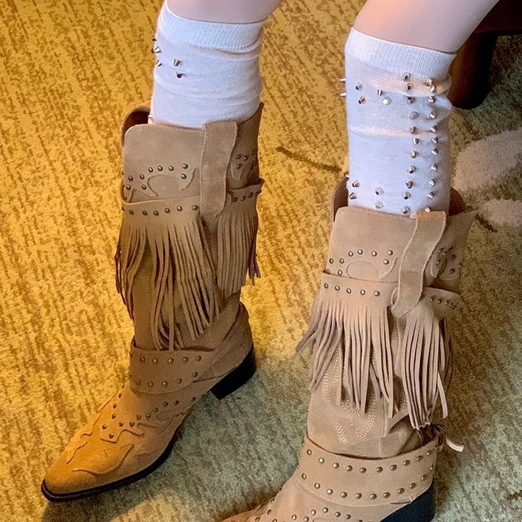cnorahk小众 秋冬千禧风辣妹百搭混合铆钉堆堆袜