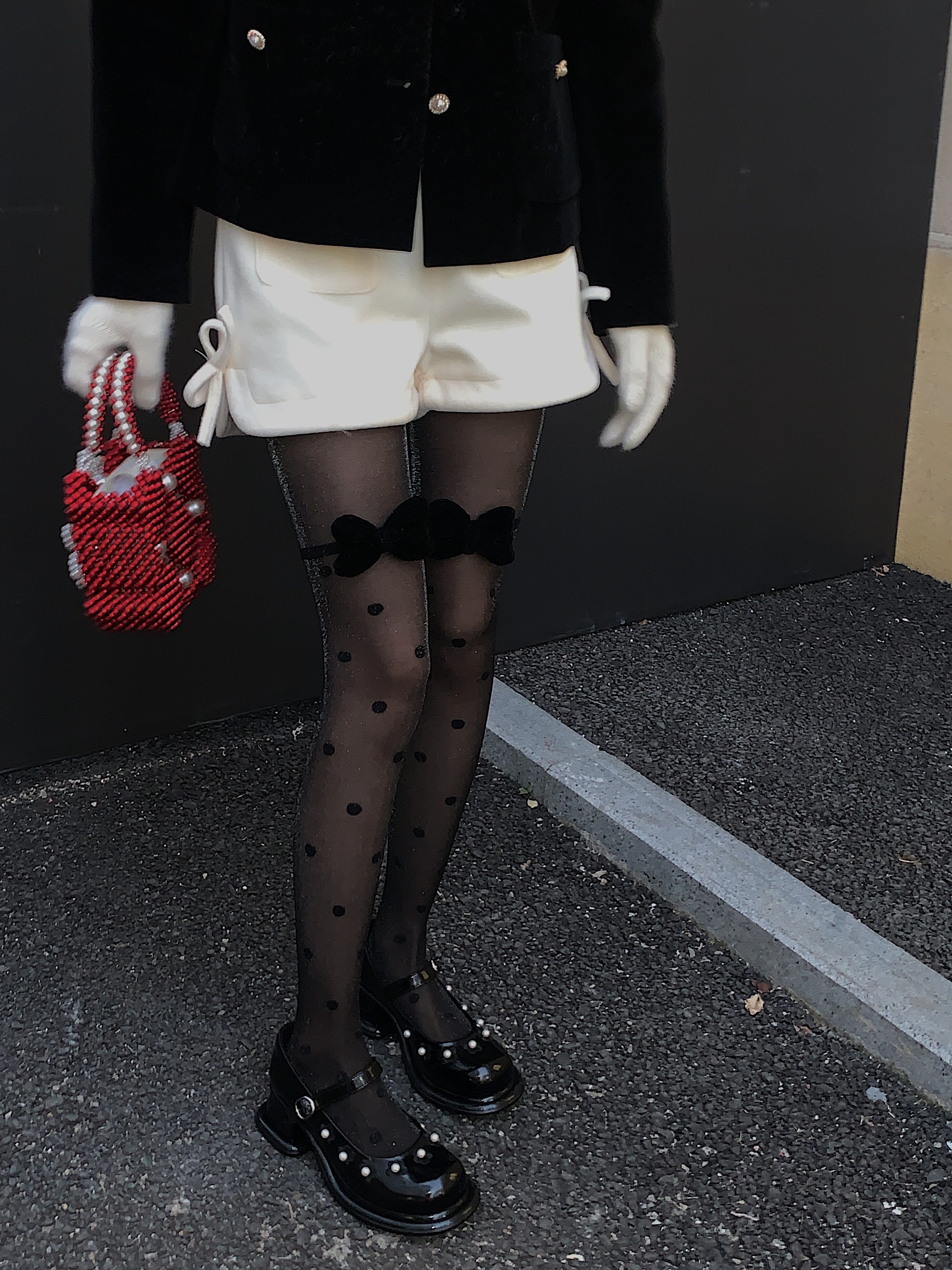 cnorahk 原创小众设计珠光波点黑色丝袜少女蝴蝶结百搭光腿袜神器