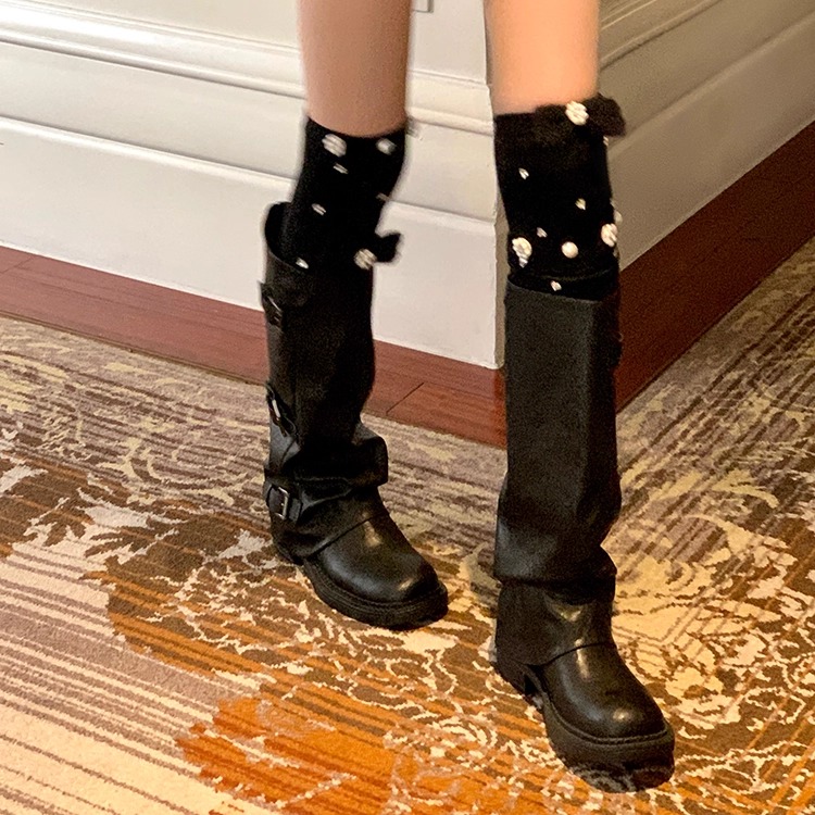 cnorahk小众 针织珍珠大蝴蝶结奢华夸张水钻薄款竖条芭蕾过膝袜