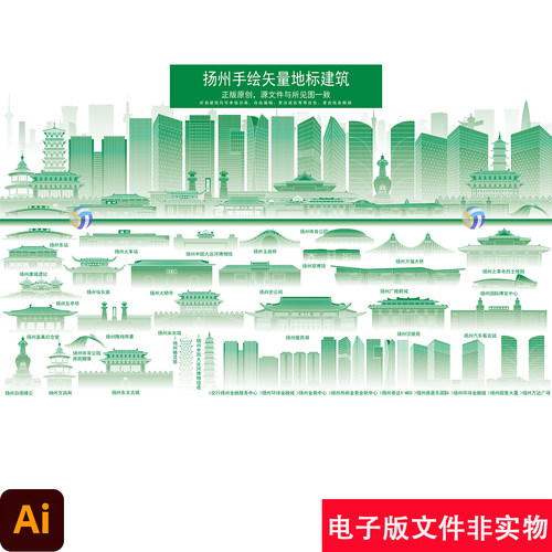 扬州手绘地标建筑剪影扬州标志性矢量线稿扬州旅游宣传背景AI素材