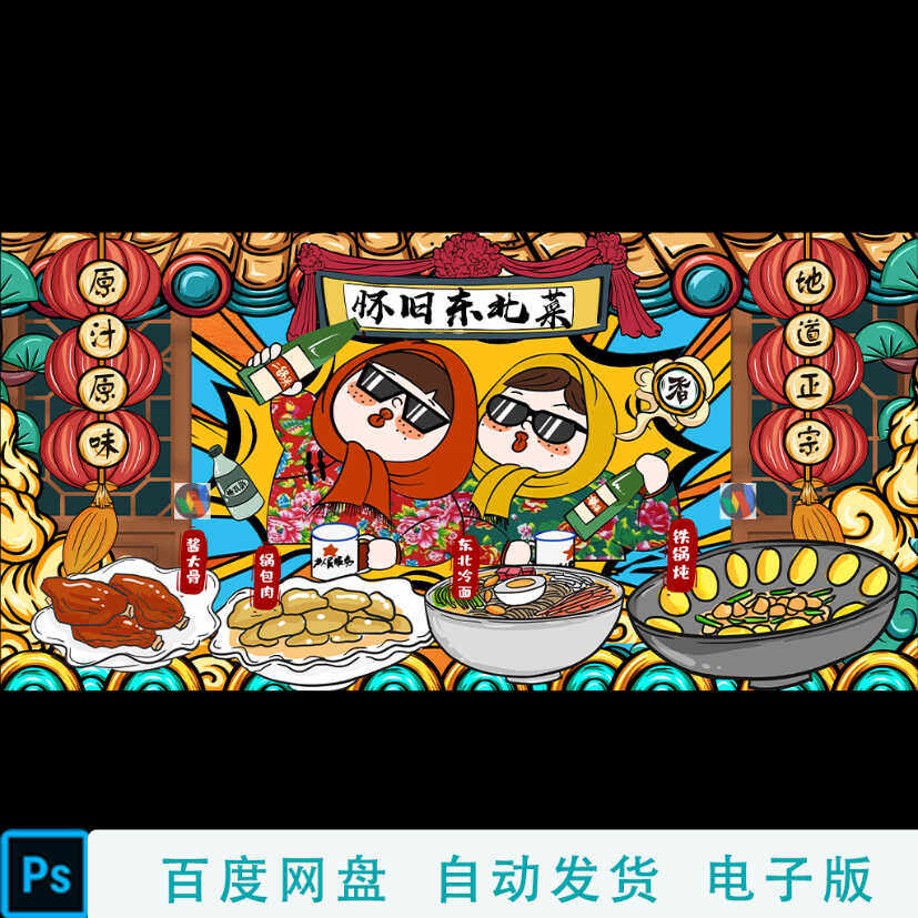 国潮美食东北菜铁锅炖灯箱怀旧背景墙铁锅炖大骨图东北肘子PS素材