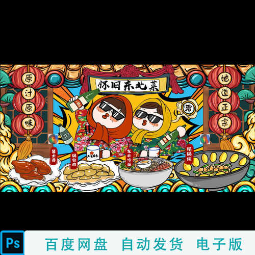 国潮美食东北菜铁锅炖灯箱怀旧背景墙铁锅炖大骨图东北肘子PS素材