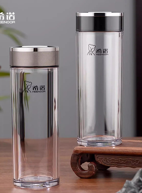 希诺PC塑料杯双层隔热防摔树脂杯透明带盖泡茶水杯户外便携运动杯