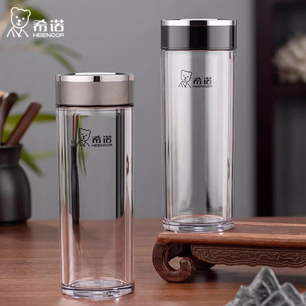 希诺PC塑料杯双层隔热防摔树脂杯透明带盖泡茶水杯户外便携运动杯