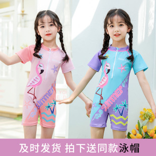 卡通印花女孩连体速干游泳衣中大童防晒泳装 新款 儿童泳衣女童短款