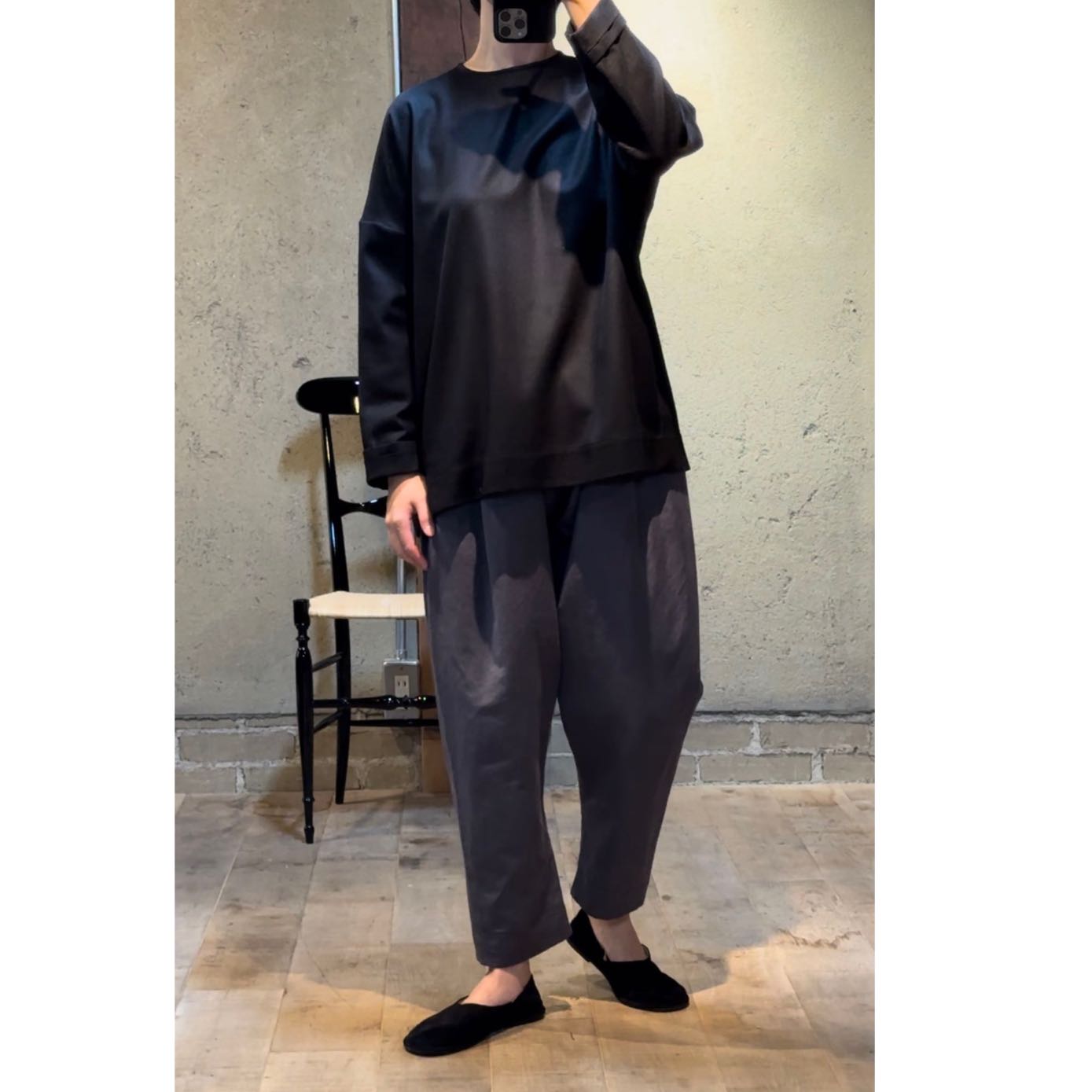 etreneant松紧腰垂感高腰廓形裤