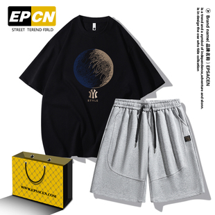 短裤 2026潮牌短袖 ins纯棉宽松时尚 男夏季 跑步两件套男 T恤运动套装