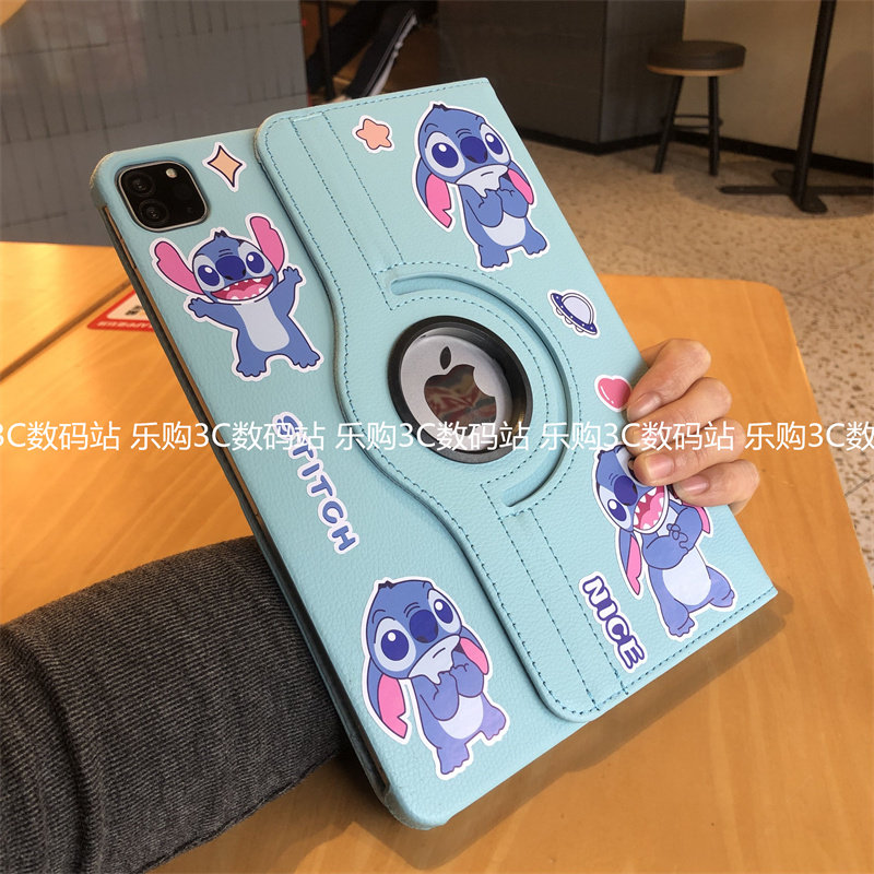 卡通史迪仔360度旋转支架苹果iPad11保护套8翻盖9/10代可爱10.2/Pro11适用9.7寸air456防弯MINI7电脑M345皮套